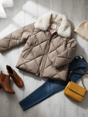 Women's Quilted Puffer Jacket with Faux Fur Collar